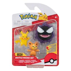 Pokémon Packs de 3 Figuras Battle Teddiursa, Pikachu #9, Gastly 5 cm